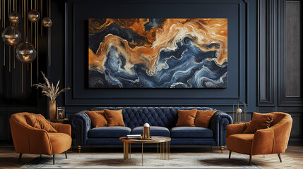 Orange sofa and armchair against dark blue classic wall with marbling poster art deco home interior design of modern living room. Deco. Illustration