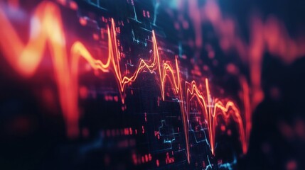 Abstract Data Visualization: Dynamic ECG-like pattern in vibrant red and blue hues, showcasing data flow and fluctuations.