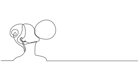 continuous line drawing of woman blowing gum.one line drawing of woman blowing gum balloon.single line vector illustration.isolated white background