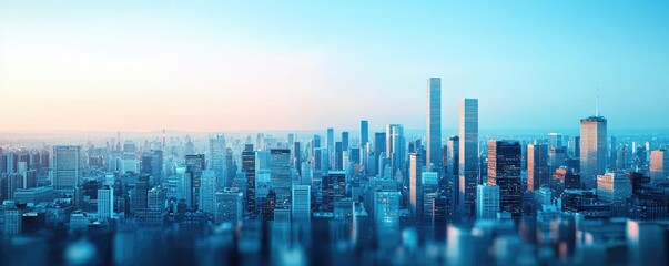 Fototapeta premium Stunning city skyline at dawn with modern skyscrapers and clear blue sky.