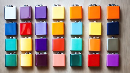 Colorful Arrangement of Metal Hip Flasks on Wooden Background