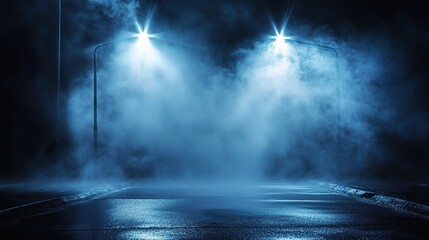 Naklejka premium Mysterious Foggy Night with Street Lights and Reflections on Asphalt