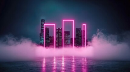 Neon City Skyline with Fog at Night Featuring Bright Pink Bars Highlighting Modern Architecture and Reflections in Water Against a Dark Background