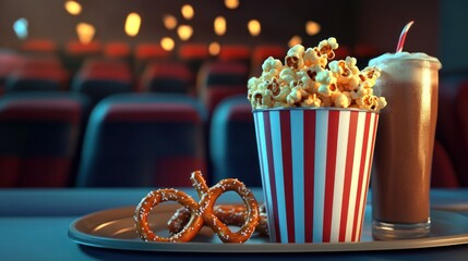 A cinematic snack scene with popcorn, pretzels, and a drink on a tray in a movie theater.