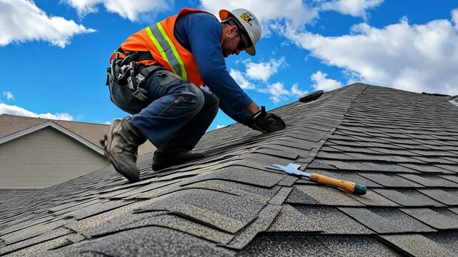 Roofing inspection process, with a contractor checking a roof for damage using tools and safety equipment