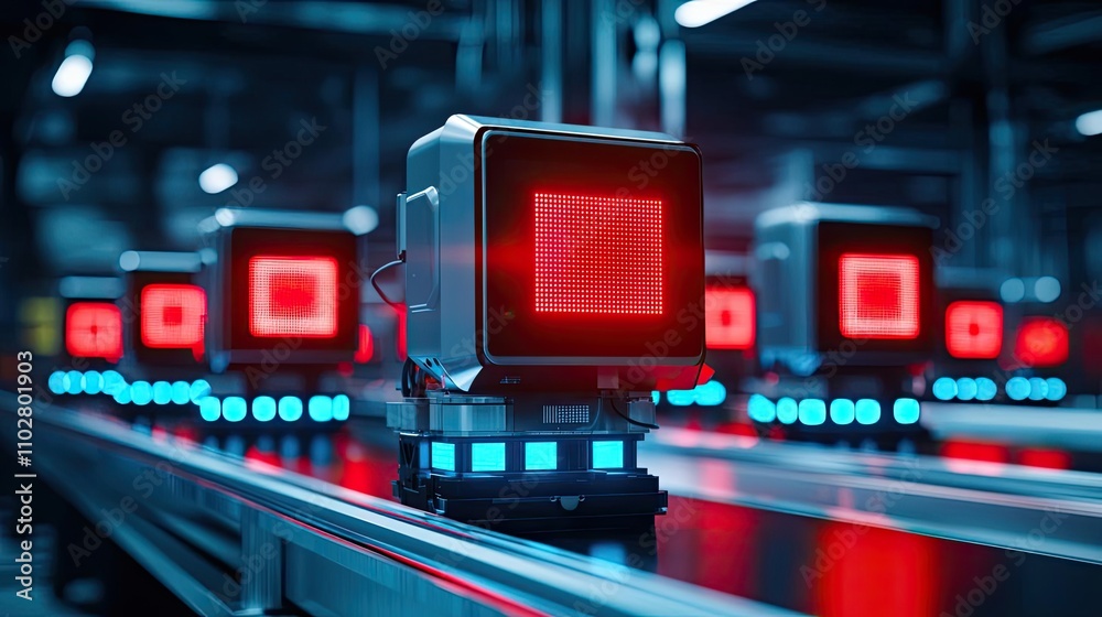 Poster red and blue robotic machines on a conveyor belt in a modern factory setting.