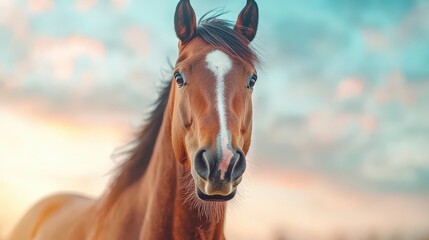 Obraz premium Majestic Brown Horse Portrait Sunset Sky Equine Beauty Animal Photography