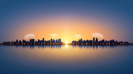 Serene Urban Landscape at Sunset Reflecting on Still Water with Signal Waves Indicating Connection and Technology in a Digital Age