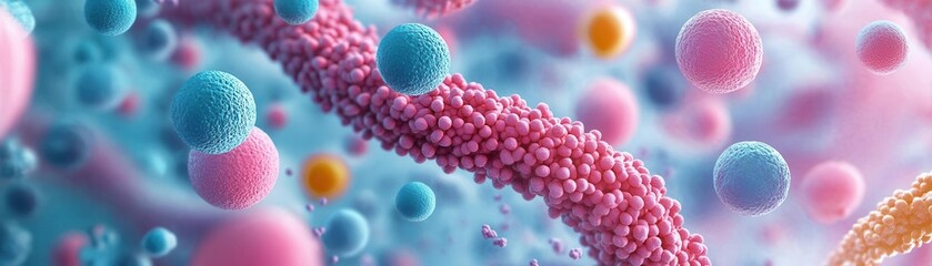 A vibrant microscopic view showcasing colorful spheres and structures, representing cellular components and biological processes in a dynamic environment.