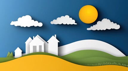 Creative Paper Cutout Landscape with White Houses, Green Hills, Yellow Sun, and Blue Sky in a Charming and Simplistic Design for Backgrounds and Illustrations