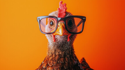 A quirky Thanksgiving turkey wearing oversized glasses, posing humorously against an orange background, adding a fun twist to the holiday spirit