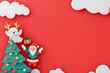 Fototapeta premium Santa and Friends Christmas Scene - Red Background. Space for text