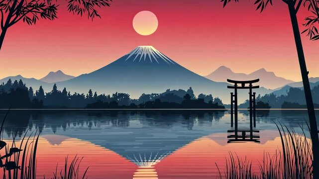 Serene Sunset Over Mount Fuji with Lake Reflection and Torii Gate