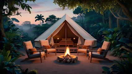 /imagine: A cozy tent house nestled in a lush jungle, surrounded by vibrant green trees, with three wooden chairs arranged around a glowing campfire under the twilight sky --ar 3:2 --v 4