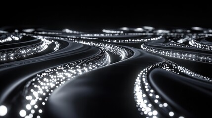 Fototapeta premium A mesmerizing abstract design featuring flowing lines and luminous particles against a dark background.