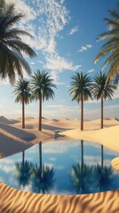 A serene desert oasis with palm trees reflecting in tranquil water under a bright sky.