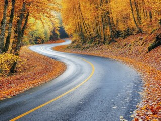  Curved road winding through a dense forest. 