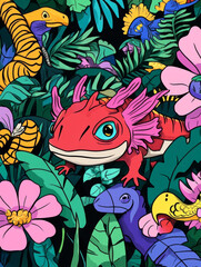 Fototapeta premium vibrant illustration featuring colorful axolotl among tropical plants and flowers, surrounded by various whimsical creatures. scene is lively and full of detail