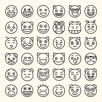 Round-line emotion icons, showcasing a variety of emoji expressions. Ideal for messaging apps, web design, and social media use. Simple and versatile emoticon set.