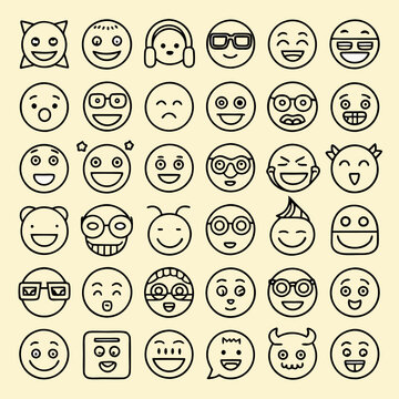 Set of emotion icons with round-line style, featuring various emoji symbols. Includes smiles, frowns, and more. Perfect for chat apps, social media, and design projects.