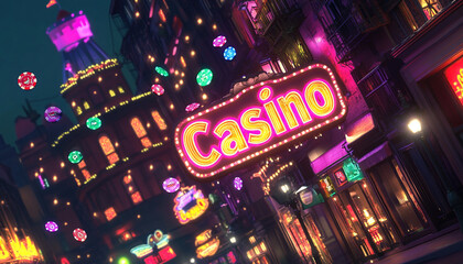 Neon casino sign and chips in a vibrant city night