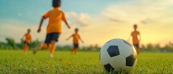 Obraz premium Children playing soccer on a grassy field at sunset with a focus on a soccer ball in the foreground.