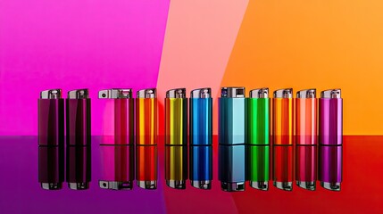 Obraz premium Colorful Lighters on Reflective Surface with Vibrant Backgrounds