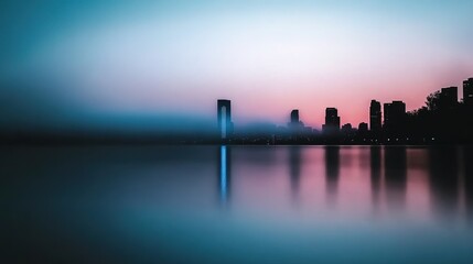 Naklejka premium Serene Cityscape at Dusk with Misty Water Reflection Perfect for Atmospheric and Urban Lifestyle Photography, Capturing Tranquility and Urban Beauty in One Frame