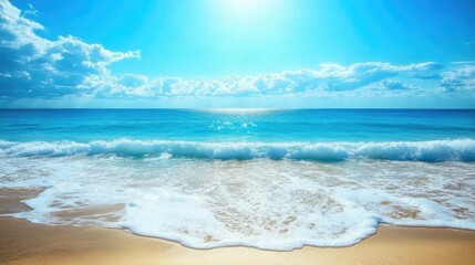 Fototapeta premium Serene Beachscape with Gentle Waves and Bright Blue Sky Illuminated by Radiant Sunlight on a Calm Day at the Ocean