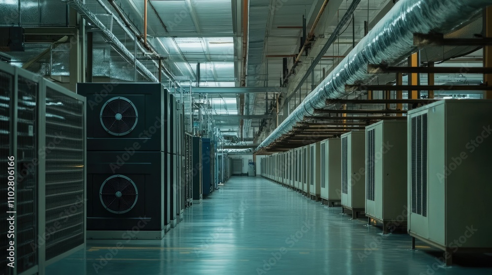Poster modern data center interior with rows of servers and cooling units in a high-tech environment design