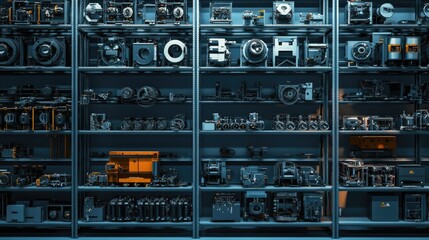 Obraz premium A Detailed View of an Industrial Workshop Filled with Various Tools, Machinery, and Equipment Shelving a Comprehensive Collection of Components and Gears