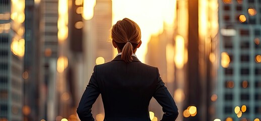 Businesswoman gazing at sunset in a cityscape, symbolizing ambition and success.