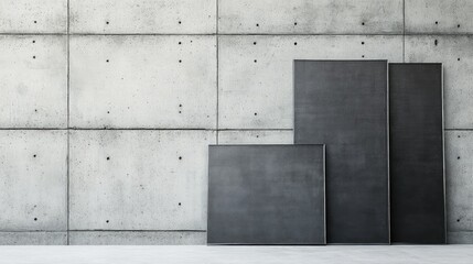 Modern minimalist interior with three dark panels against a raw concrete wall, showcasing clean lines and industrial design elements in a stylish space