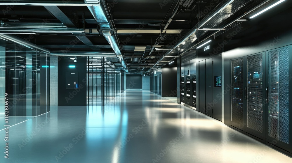 Poster modern server room with complex infrastructure and advanced technology featuring rows of racks and e