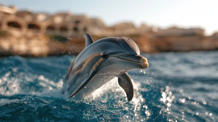 Majestic Dolphin Leaping  Ocean Wave  Marine Wildlife  Aquatic Mammal  Nature Photography