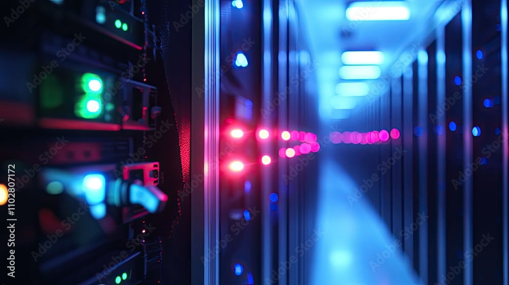 Poster high-tech data center with rows of server racks illuminated by colorful led lights in a modern netwo