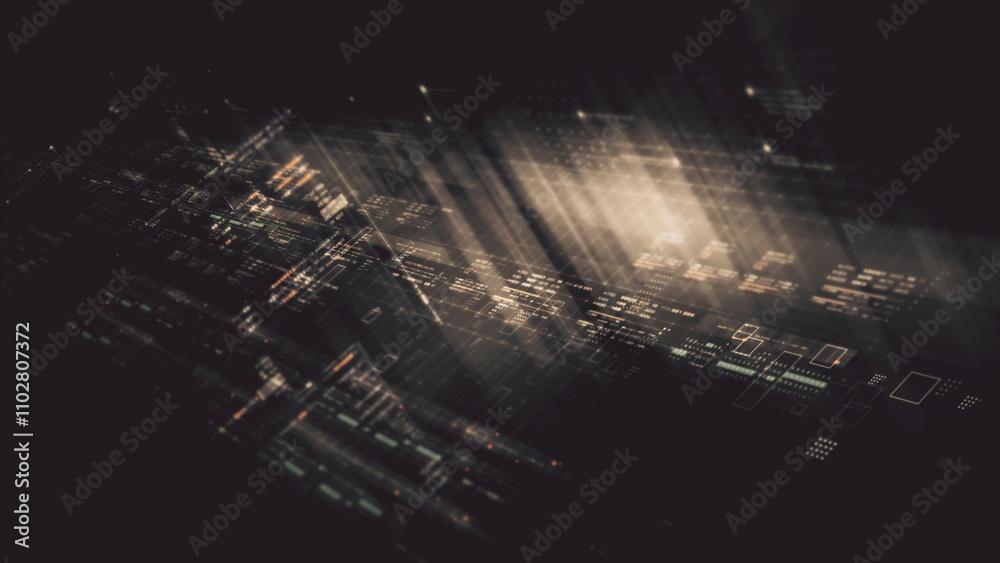 Aufkleber Futuristic network simulation blending AI, quantum physics, and deep learning, with a particle matrix analyzing data in a sleek, HUD-style interface