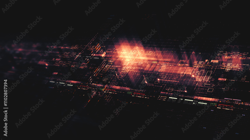 Aufkleber Futuristic network simulation blending AI, quantum physics, and deep learning, with a particle matrix analyzing data in a sleek, HUD-style interface