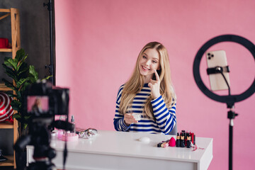 Photo of charming lovely girl professional blogger makeup artist make content beauty products video...