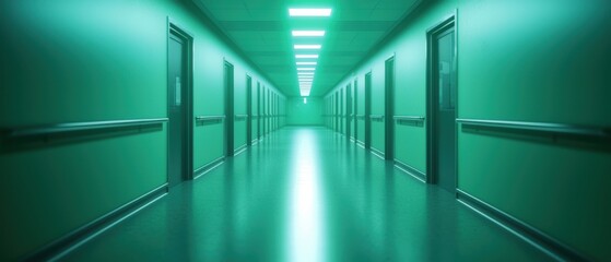 Obraz premium A dimly lit corridor with green lighting, featuring multiple doors lined along the walls, creating an eerie and mysterious atmosphere.