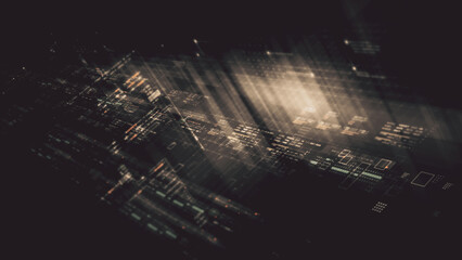 Futuristic network simulation blending AI, quantum physics, and deep learning, with a particle matrix analyzing data in a sleek, HUD-style interface