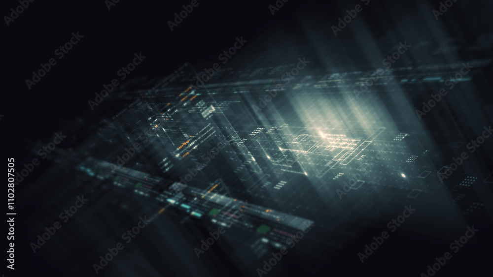 Aufkleber Futuristic network simulation blending AI, quantum physics, and deep learning, with a particle matrix analyzing data in a sleek, HUD-style interface