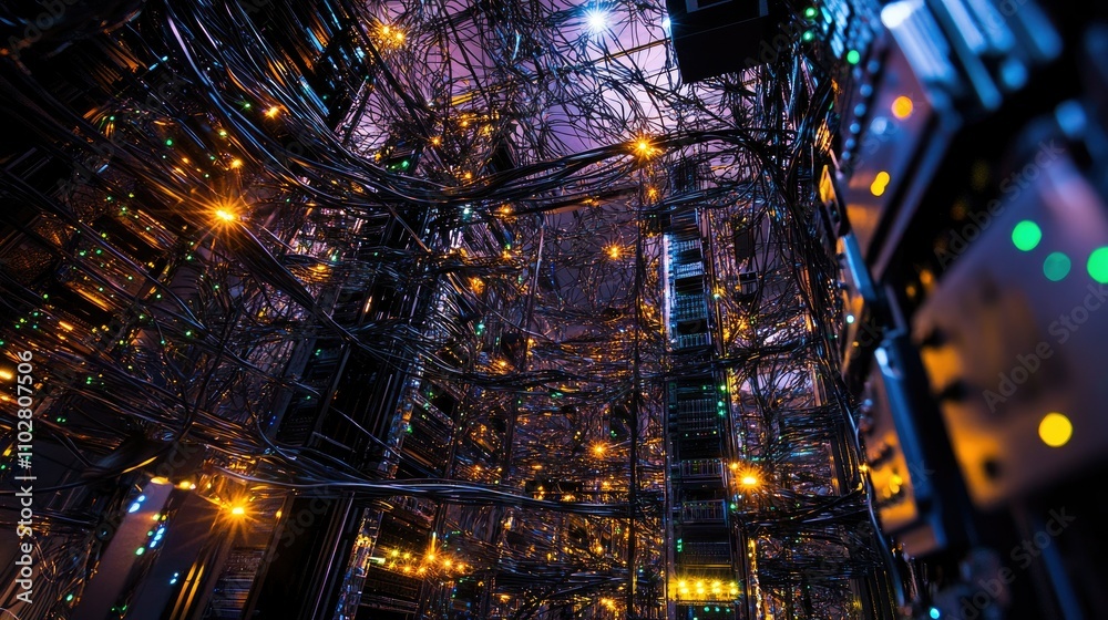 Poster intricate network of data cables and servers in a high-tech data center, illuminated by colorful lig