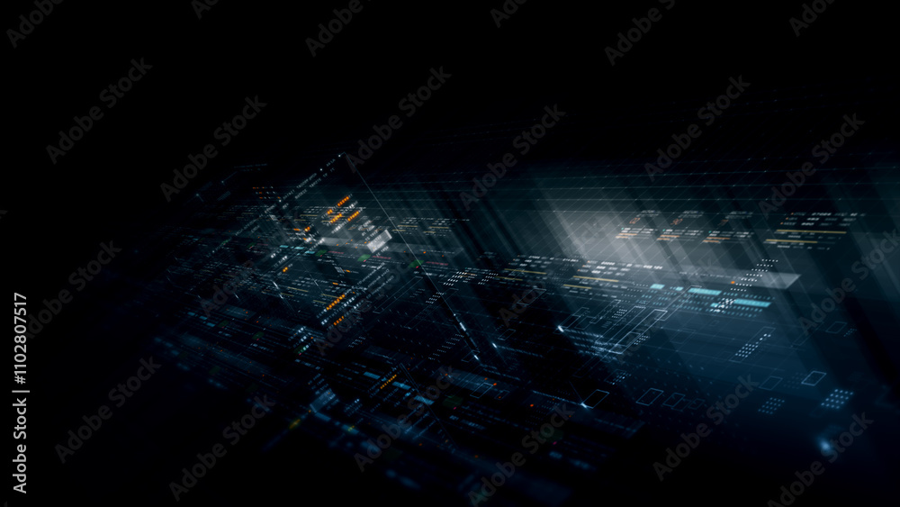Fototapete Futuristic network simulation blending AI, quantum physics, and deep learning, with a particle matrix analyzing data in a sleek, HUD-style interface