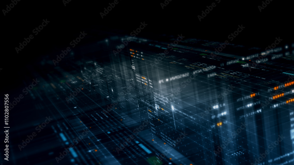 Poster Futuristic network simulation blending AI, quantum physics, and deep learning, with a particle matrix analyzing data in a sleek, HUD-style interface