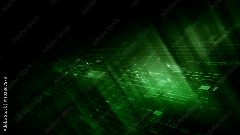 Aufkleber Futuristic network simulation blending AI, quantum physics, and deep learning, with a particle matrix analyzing data in a sleek, HUD-style interface