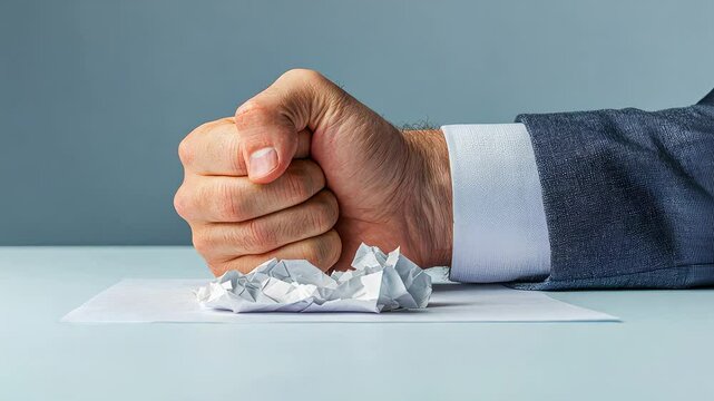 A clenched fist crushing a crumpled paper, business concept