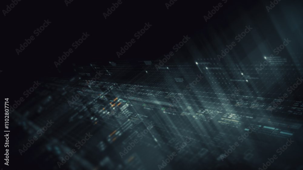 Aufkleber Futuristic network simulation blending AI, quantum physics, and deep learning, with a particle matrix analyzing data in a sleek, HUD-style interface