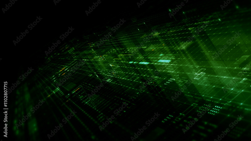 Fototapete Futuristic network simulation blending AI, quantum physics, and deep learning, with a particle matrix analyzing data in a sleek, HUD-style interface