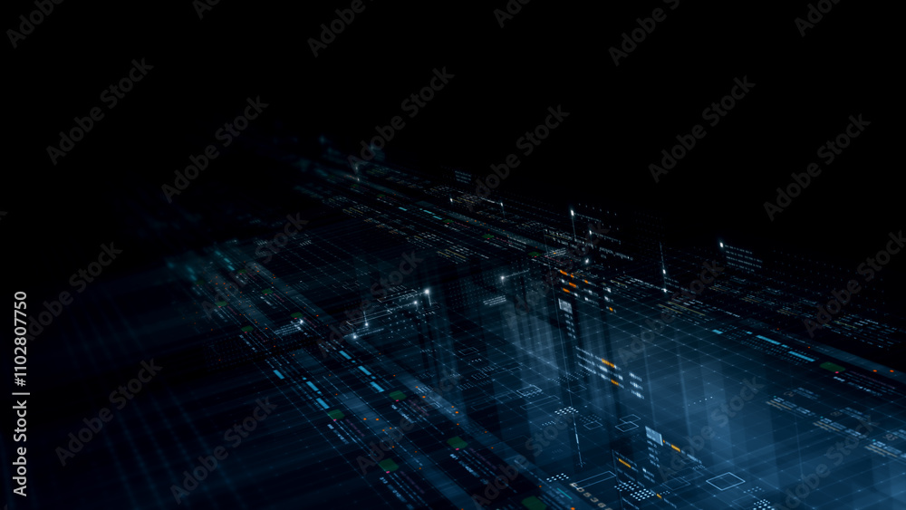 Aufkleber Futuristic network simulation blending AI, quantum physics, and deep learning, with a particle matrix analyzing data in a sleek, HUD-style interface